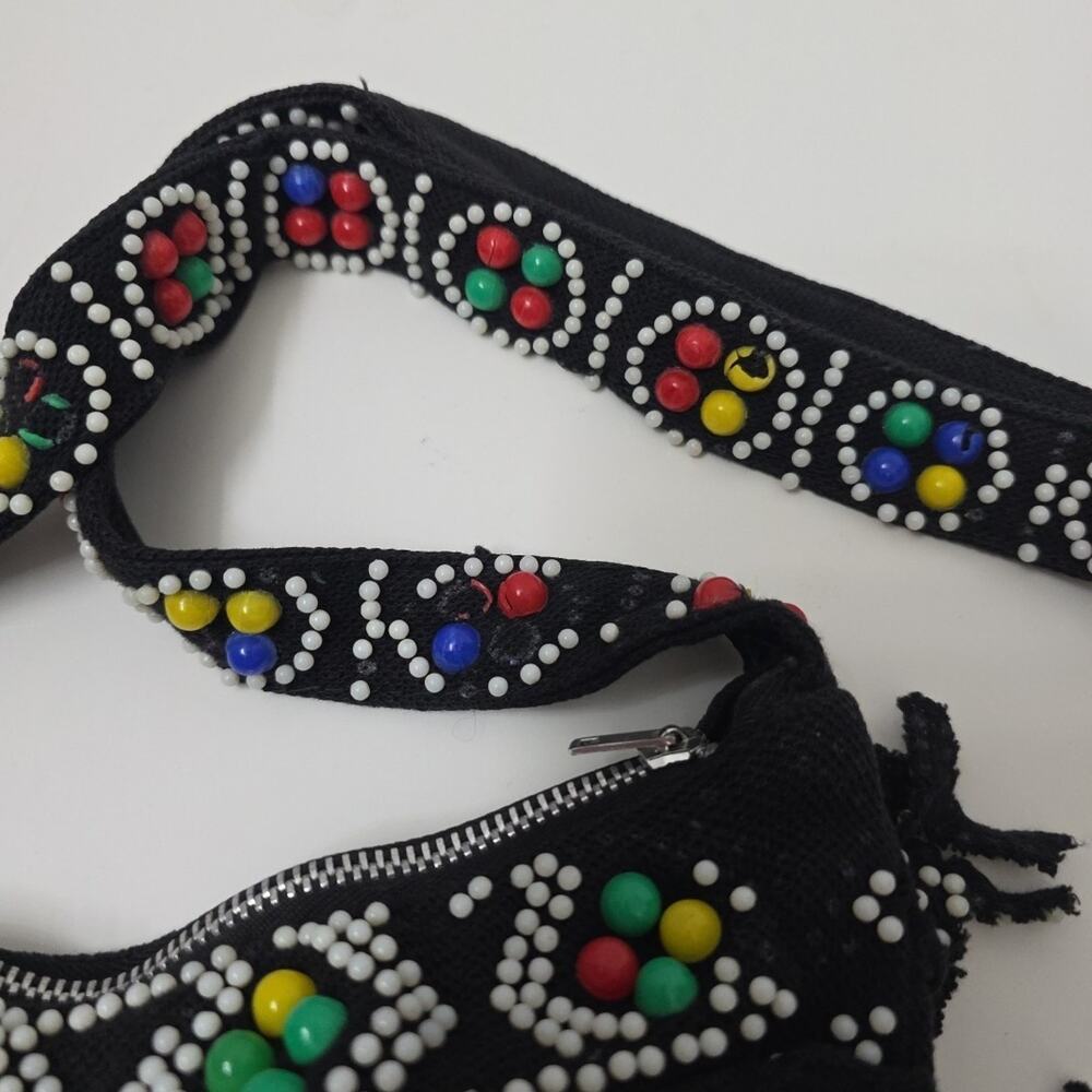 Vintage Beaded Candy Dot Purse Shoulder Bag Fringe Zipper Black Hippie Boho - Picture 7 of 12